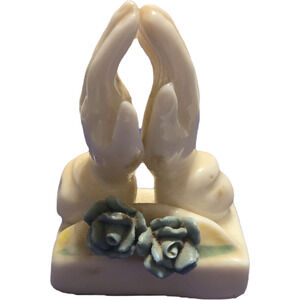 Vintage Lego Bone China Praying Hands Figurine with Blue Roses
